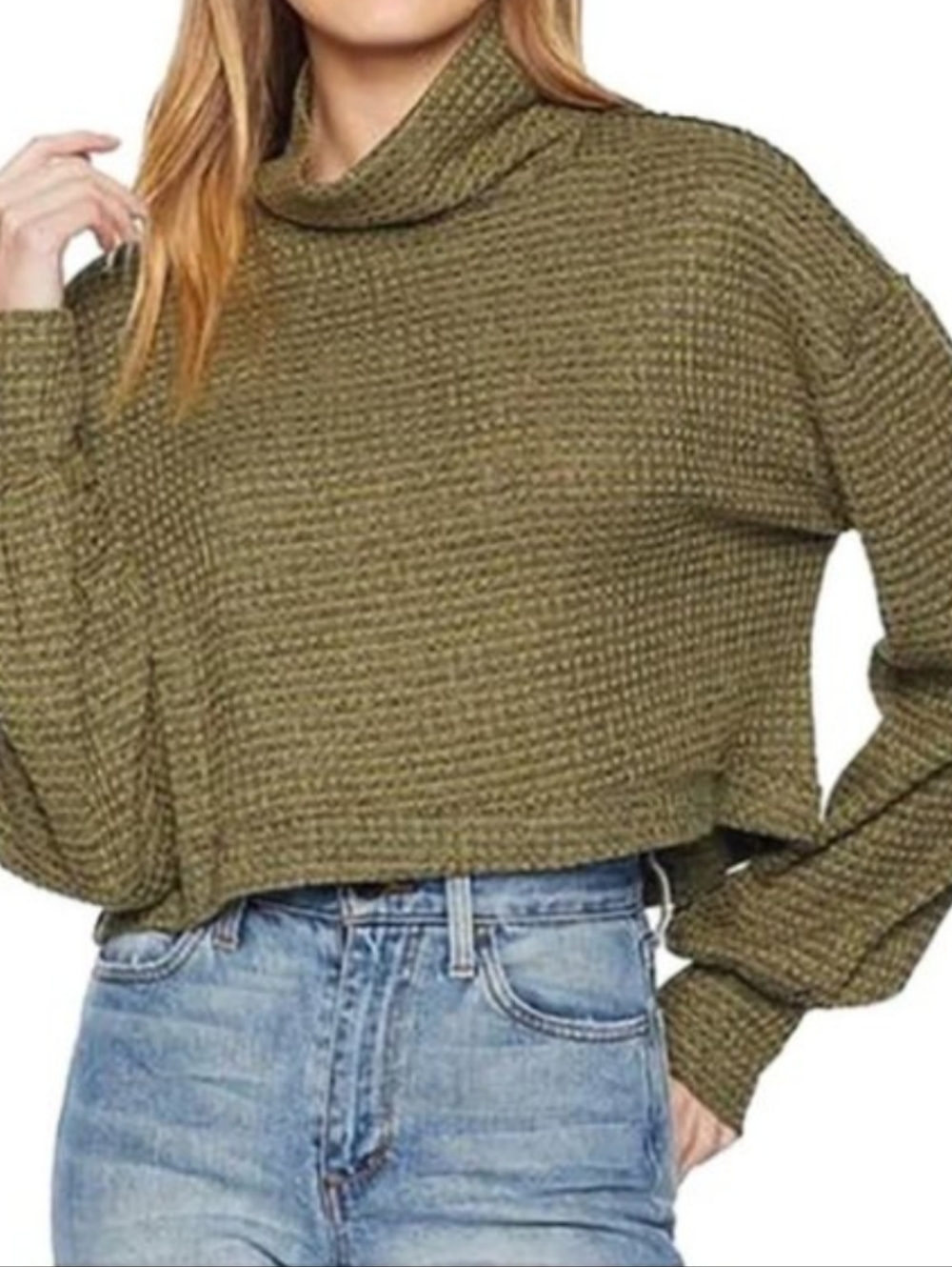 Free People Cropped Turtleneck Sweater in Olive Green